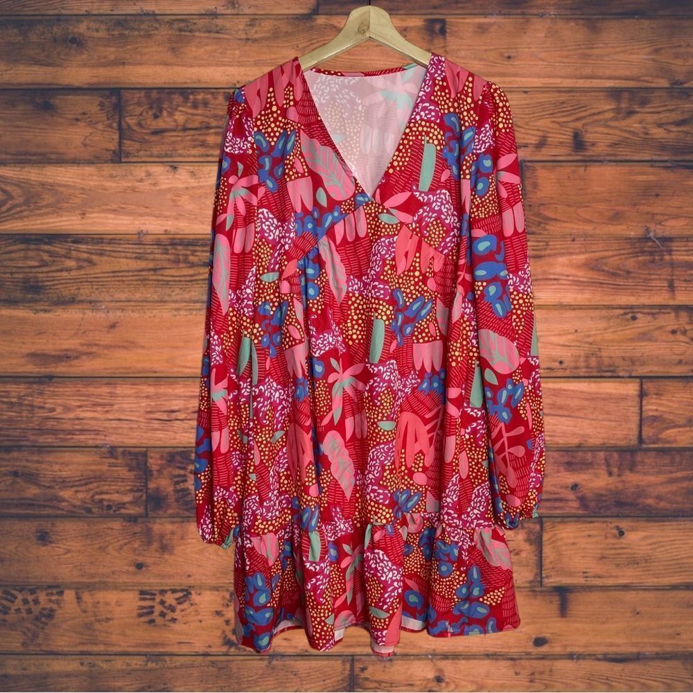 5 for $25🔥Rose Tropical Printed Lantern Sleeve Mini Dress‎ Large